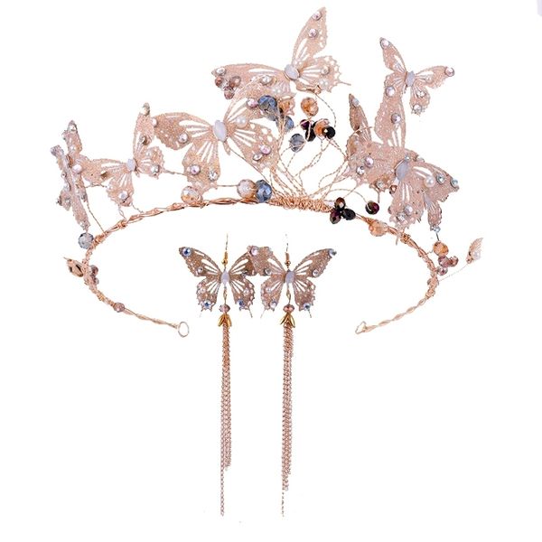 

vintage gold butterfly tiaras and crown crystal tassel diadem earrings sets handmade women hair jewelry wedding accessories gift y200409, Slivery;golden