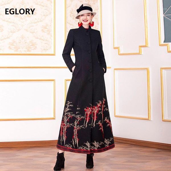 

x-long wool coat outerwear 2020 autumn winter warm coat women vintage embroidery single breasted warm wool blend overcoats xxxxl1, Black
