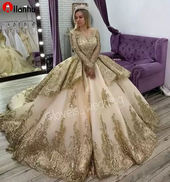 НОВЫЙ! Princess Gold Quinceanera платья с длинными рукавами Аппликация бисером сладкое 16 платье Pageant Pageants Vestidos de 15 Años 2022