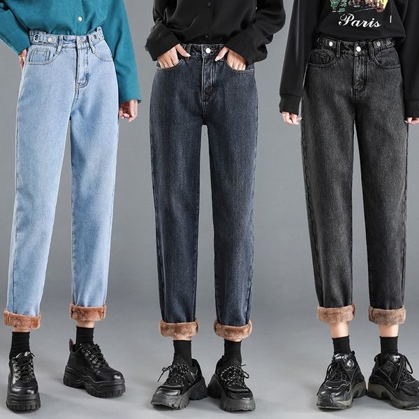 

zhisilao straight high waist jeans women winter fur fleece denim pants boyfriend mom jeans chic streetwear plus size retro 201029, Blue