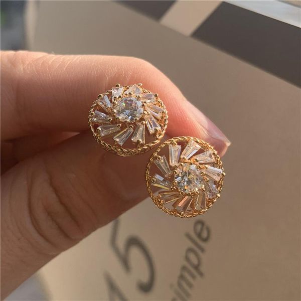 

stud trendy female white round crystal jewelry charm sunflower small earrings for women rose gold silver color wedding, Golden;silver