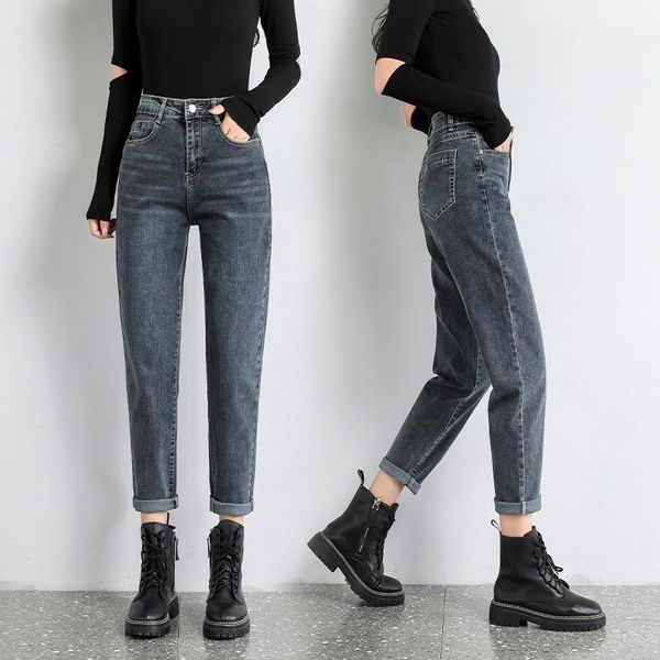 

women's jeans blue grey high waist thicken vevet woman plus size loose denim harem pants vintage casual chic jean trousers autumn winte