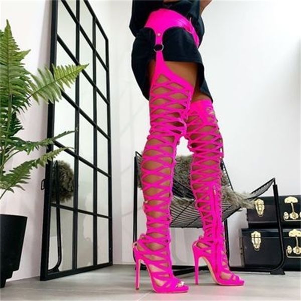 

women boots cross-tied pu leather high heel boot over the knee lace up boots female shoes t200425, Black