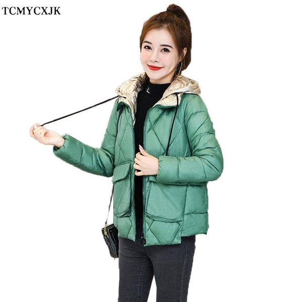 

2020 new shiny women's parka jacket stitching contrast coat short large size hooded warm jackets casual large pocket outerwear, Black