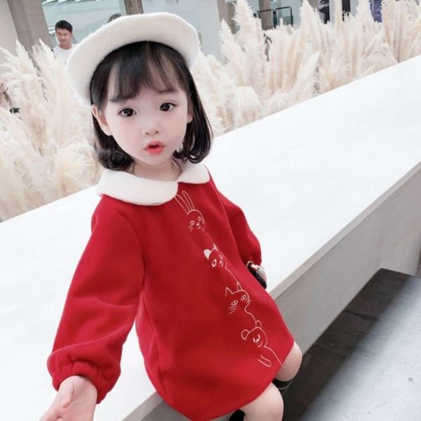 

new winter wtern sle plush embroidered red skirt 2020 girls' children's long sve drs, Red;yellow