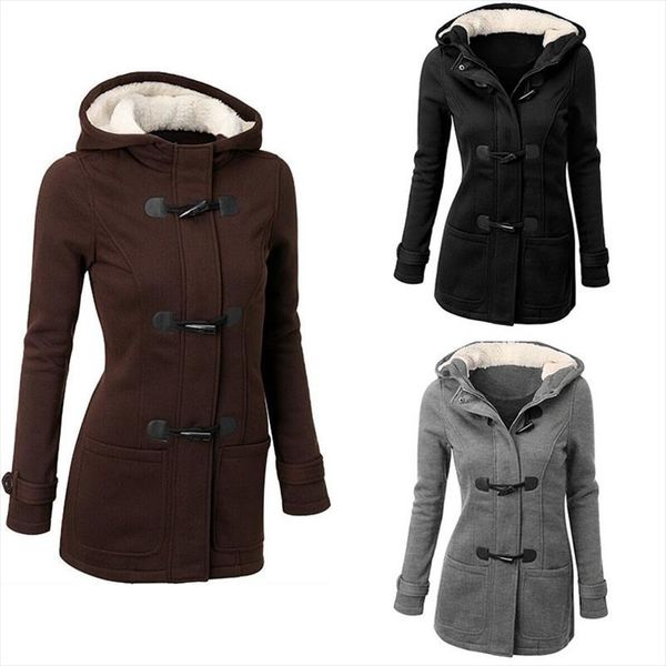 

women warm hat wool coat buckle loose overcoat cotton padded clothes jacket winter long hooded coa zipper plus size, Black
