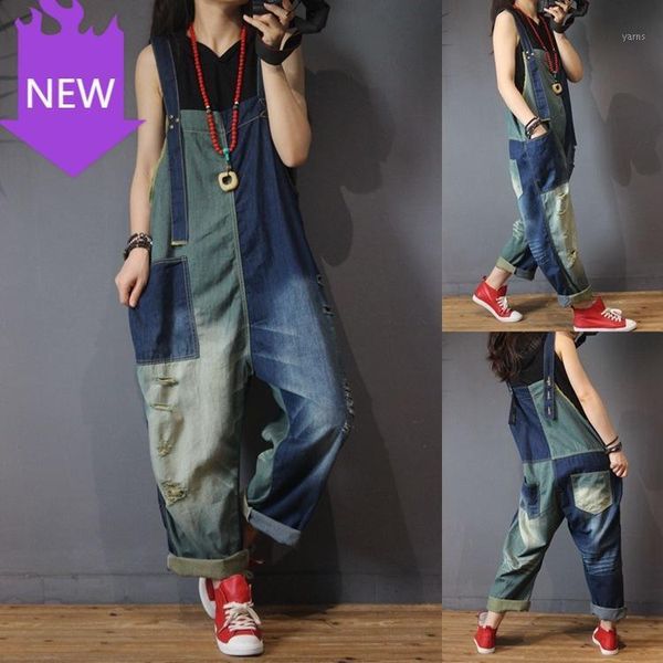 

bib female loose large size wild low suede color trousers female spring new casual denim suspender1, Blue