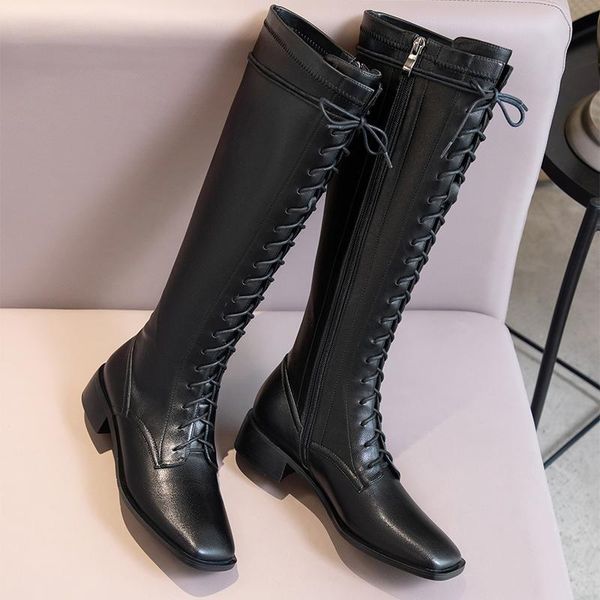 

cross tie knee high boots women autumn winter genuine leather women boots 2020 working thick heels slim long shoes woman, Black