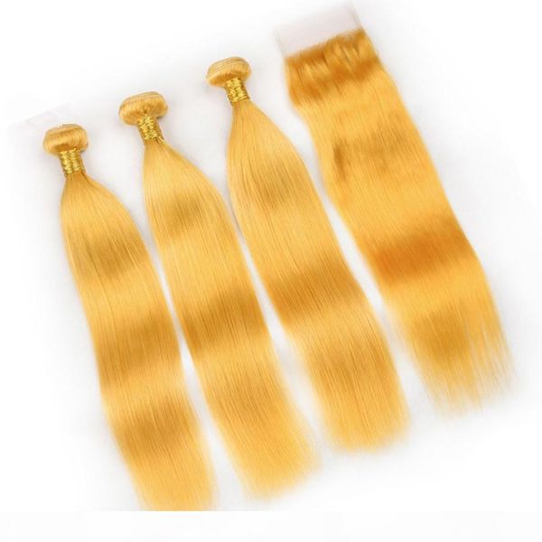 

malaysian human hair yellow bundles deals 3pcs with closure 4pcs lot straight virgin yellow hair weaves with 4x4 lace front closure, Black;brown