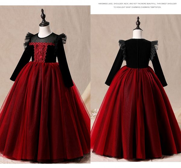 Schwarze und rote Langarm-Erstkommunion-Kleider für den Winter und Herbst für kleine Mädchen, Partykleider, Juwelen-Prinzessin-Ballkleid für Mädchen, Festzugskleid