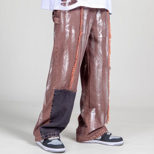 

iefb / men's wear washed old brushed ink-splashing jeans fashion wide leg streetwear couple trousers print loose pants 9y4149, Blue
