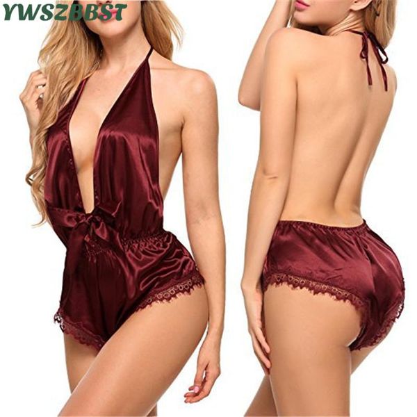 

women's sleepwear women dress lace satin lingerie smooth silk-like nightwear set nighties for night wear deep v-neck ni, Black;red