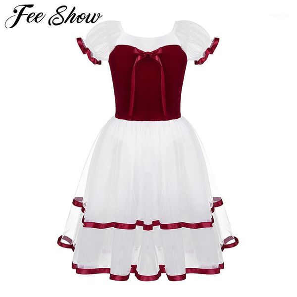 

girl's dresses kids girls puff sleeve velvet bodice professional tutu ballet leotard long dress children ballroom lyrical dance costume, Red;yellow