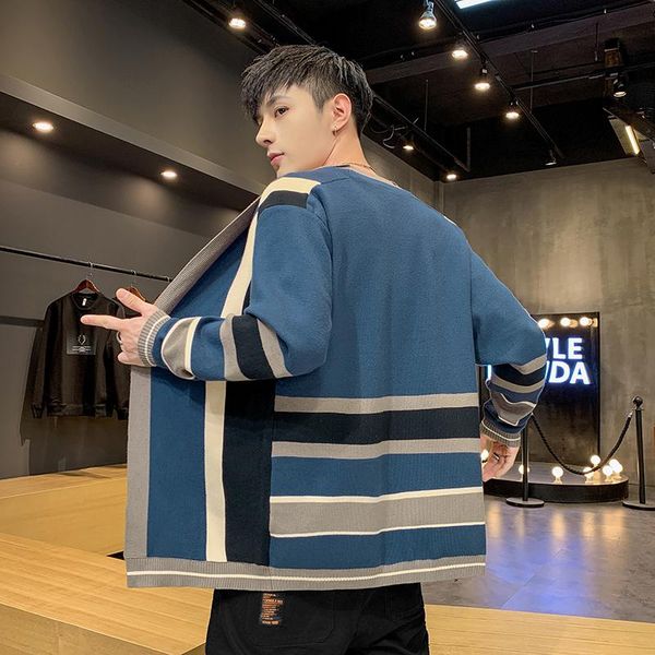 

new fashion colored striped sweater men knit 2020 autumn korean slim fit casual cardigan mens streetwear knitted pull homme, White;black