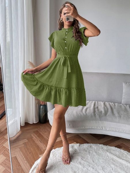

polka dot print butterfly sleeve flounce hem belted dress d8oi#, Black;gray