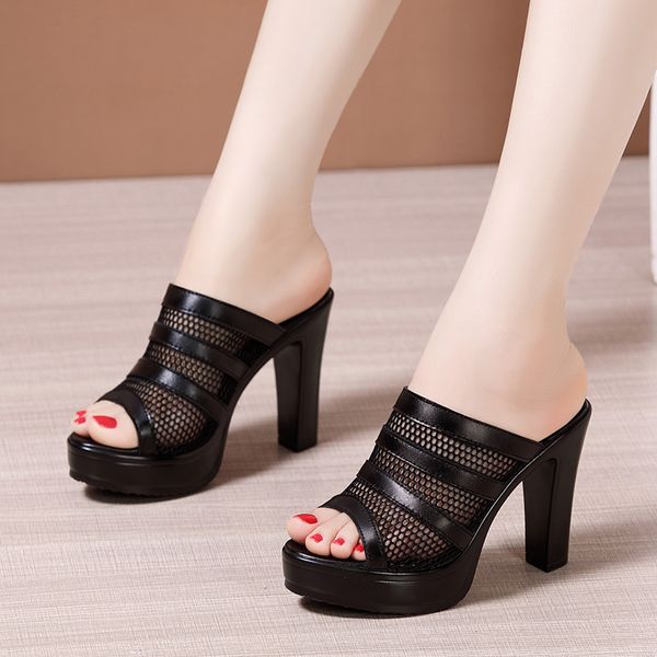 

plus size 32-43 block heel platform shoes women slippers summer 2020 open head high heels slides ladies cutout slippers x1020, Black