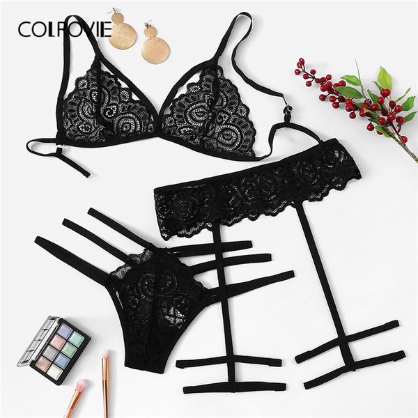 

colrovie black harness lace garter lingerie set women intimates red see through bra and thongs female underwear set y200115, Red;black