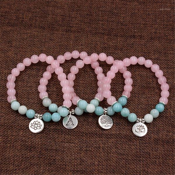 

trendy woman natural rose pink crystal 8mm beads bracelet yoga lotus ohm buddha charm bracelet amazonite stone wrist bracelets1, Black