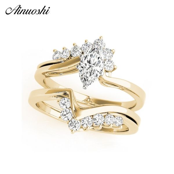 Ainuoshi 925 Sterling prata mulheres anel de casamento conjuntos amarelo ouro 0.8ct marquise amante aniversário anillos de plata y200106