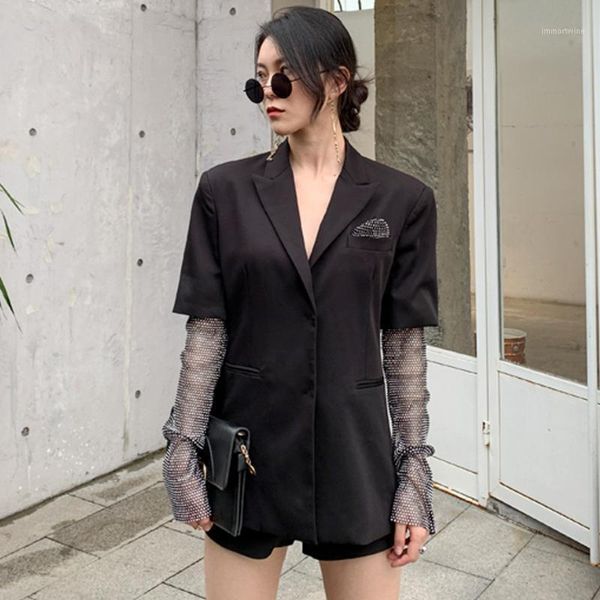 

2019 new fashion crop blazer coat feminino notched full sleeve mesh diamonds patchwork high street black blazer outerwear1, White;black