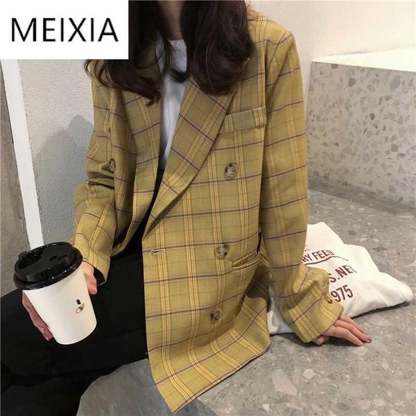 

meixia 2020 spring autumn women casual suit coat turn-down collar double breasted pockets yellow plaid office lady suit coat1, Black;brown