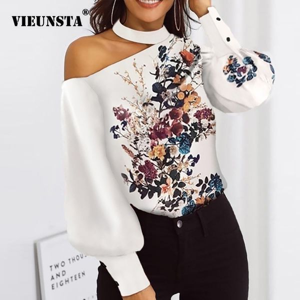 

off shoulder floral leopard print blouse women shirts autumn lantern long sleeve spring halter backless ladies blouses y200402, White