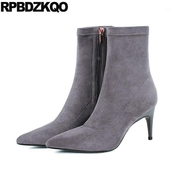 

winter pointed toe shoes ladies suede fall ankle big size fur women side zip boots stiletto 11 plus 2021 high heel gray1, Black