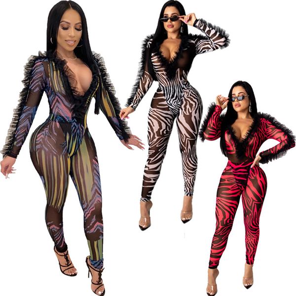 

spandex patchwork zebra print two piece jumpsuit perspective mesh ruffled trim women's suit club wear patchwork jumpsuit, Black;white