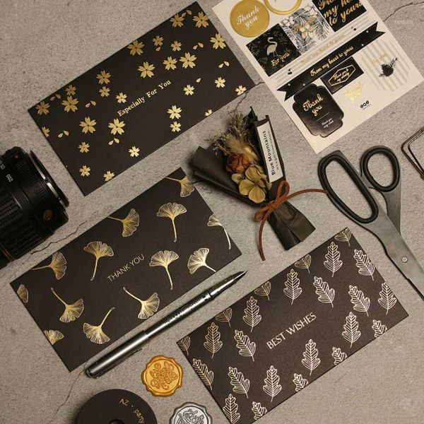

10pcs/set upscale black gold foil greeting card cherry blossom ginkgo leaf postcards gifts card with envelope party supplies1
