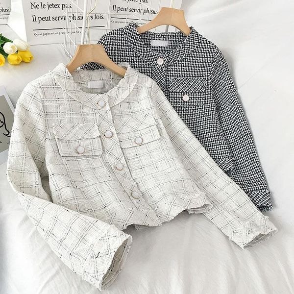 

peonfly vintage plaid jacket coat women 2021 fashion autumn elegant long sleeve pockets outerwear chic korean white black, Black;brown