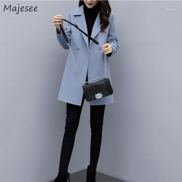 

womens winter coat woolen large size 4xl solid mid-long blends simple pocket double buttons slim harajuku sweet overcoat females1, Black