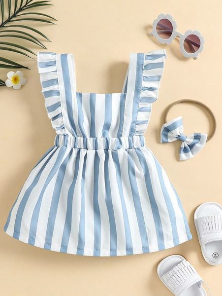 

baby striped print ruffle trim dress & headband she, Red;yellow
