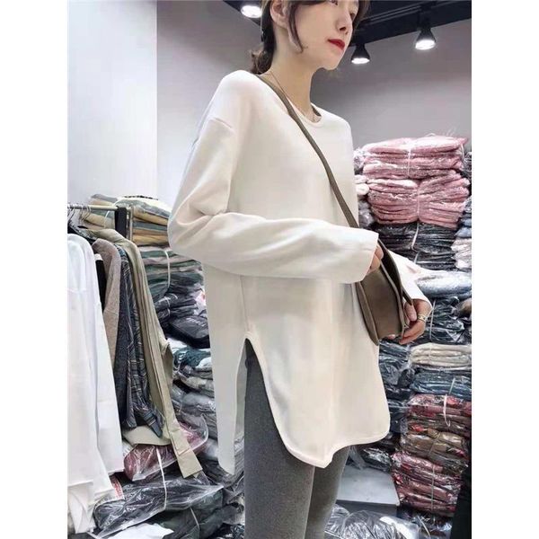 

new spring 2021 solid letter the-neck long sleeve female t-shirt of medium loose bottom white y442 k8hh