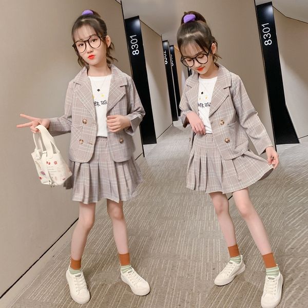 

cgujh suit and autumn suit 2020 new foreign style children's two coat coatplaid girlsspring coat spring dress korean piece net red 18g2, Gray