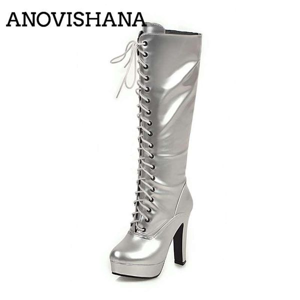 

anovishana size 34-43 women long knee boots lace up patent leather platform shoes woman high heels bootie botas motorcycle, Black