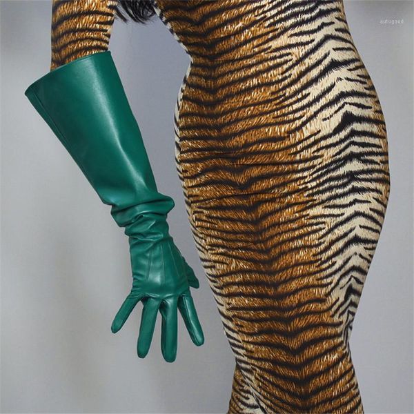 

five fingers gloves touchscreen leather 20" 50cm long simulation lambskin dark green large puff sleeve female male wpu1621, Blue;gray