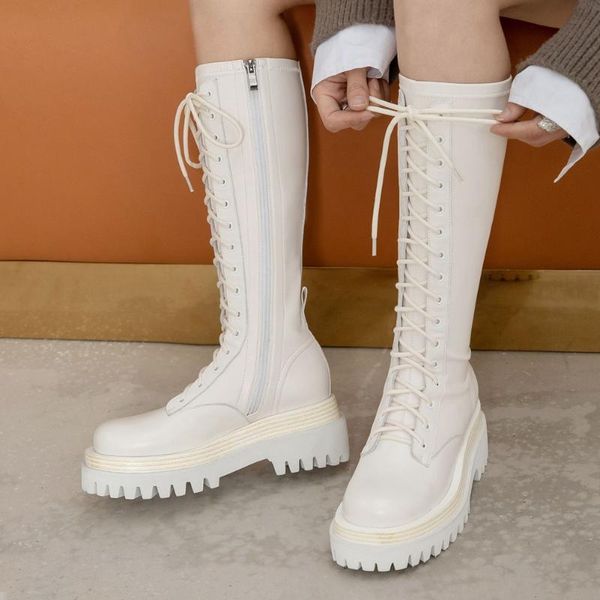 

brand new genuine leather skidproof sole platform shoelaces cow skin riding boots fashion winter boots shoes women, Black