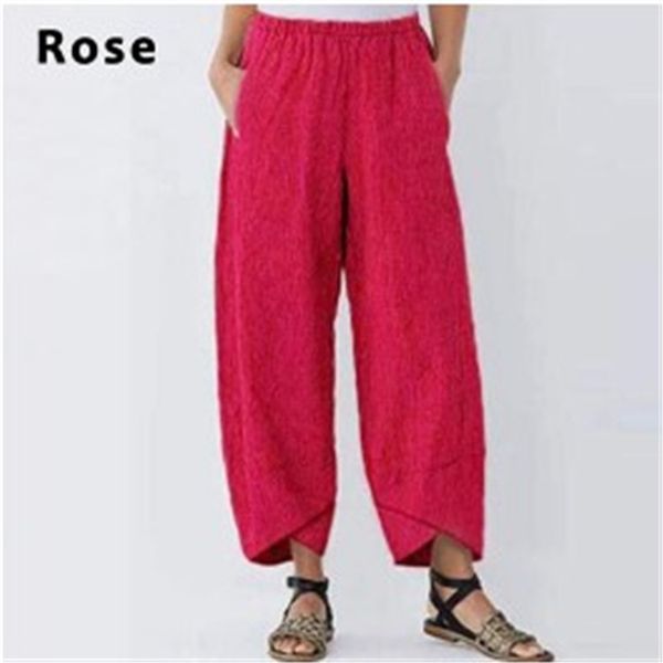 

2021 new women baggy cotton linen hem trousers athleisure elastic waist wide leg pantalon pants kt0j, Black;white