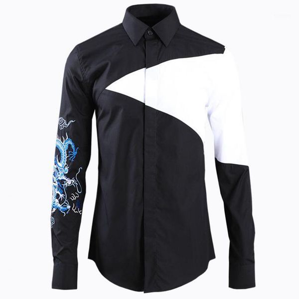

new men shirt luxury embroidery long sleeve mens shirt fashion black white splicing slim fit casual shirts mens plus size 4xl1, White;black