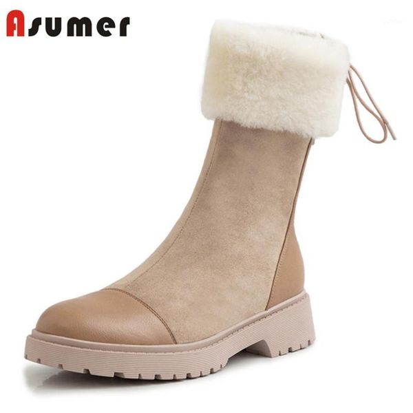 

asumer winter boots 2020 ankle boots genuine leather thick fur warm low heels casual shoes comfortable snow woman1, Black