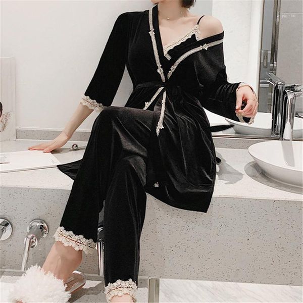 

ladies gold velvet pajama set three-piece comfortable home sling lace pajama underwear set robe sj00101, Black;red