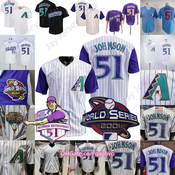 

randy johnson jersey 2001 ws 2015 baseball hall of fame retirement patch white purple pinstripe black cream pullover button down, Blue;black