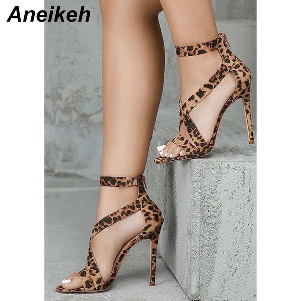

aneikeh 2019 new ladies sandals fashion brown leopard fish mouth open toe buckle with cross straps high heel sandals pumps y200702, Black