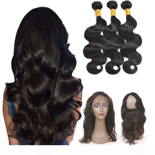 

brazilian bundles with frontal hair body weave 8a hair pre plucked 360 frontal with bundles ear to ear 360 lace frontal closure, Black;brown