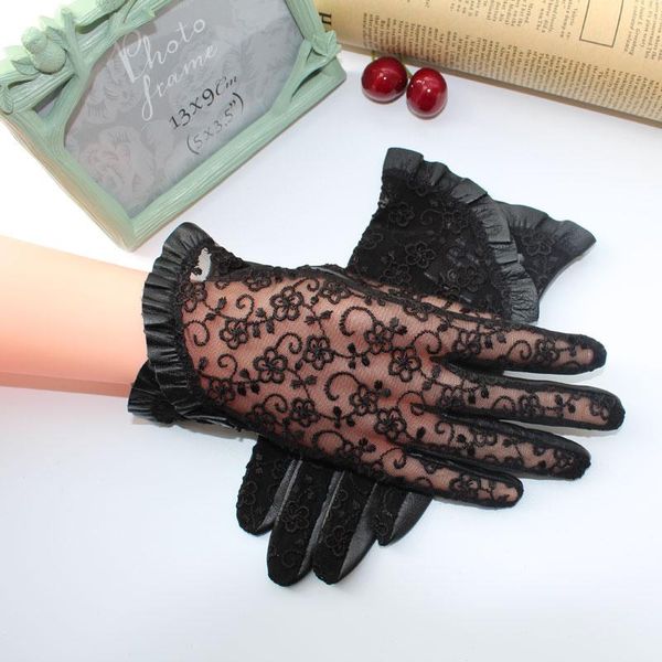 

five fingers gloves 2021 summer women' genuine sheep leather sunscreen lace ladies anti uv anti-slip female driving mittens, Blue;gray
