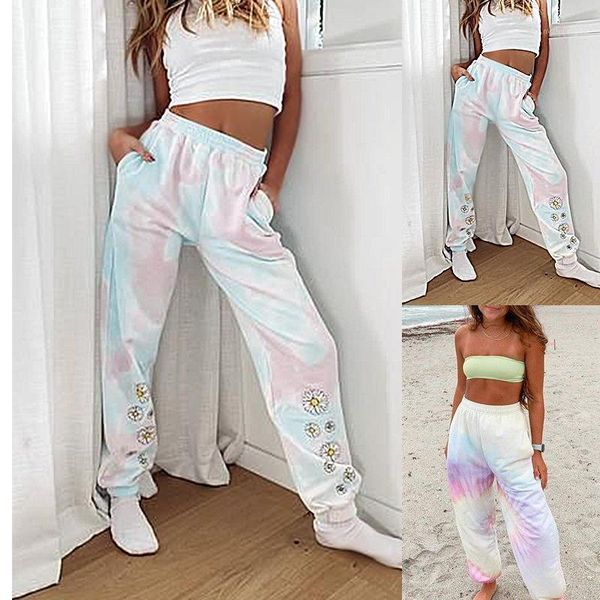 

2021 new tie-dye printing high-waist trousers casual loose european and american women's fleece pencil pants sweater fabric1, Black;white