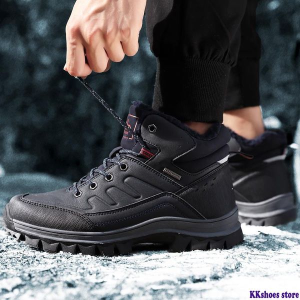 

leather men boots sneakers warm fur snow boots men winter work casual shoes 2020 rubber ankle waterproof, Black