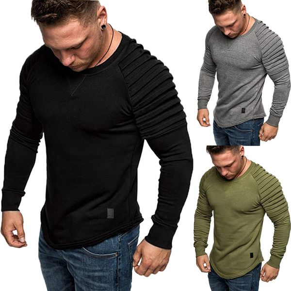 

men's pleated t-shirt casual long sleeve crew neck pullover autumn winter basic slim fit shirts kg-195, White;black