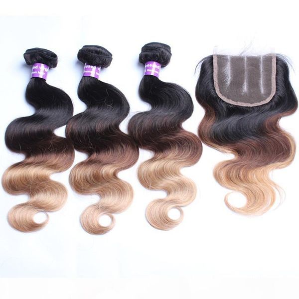 

virgin indian 1b 4 27 honey blonde ombre human hair with closure 4pcs lot 3bundles indian hair weaves with body wave lace closure, Black