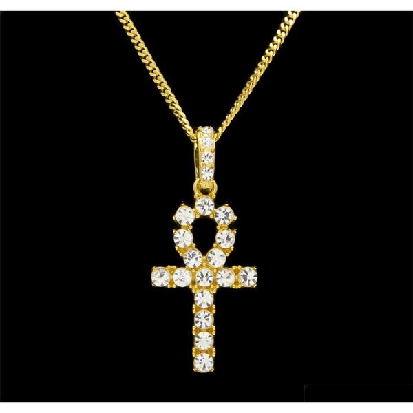 

hip hop gold silver ankh egyptian jewelry pendant bling rhinestone crystal key to life egypt cross necklace cuban chain oafui